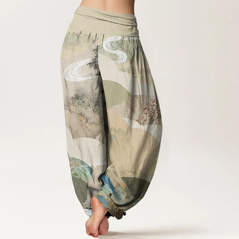 Buddha Stones Chinese Landscape Mountains Rivers Mist Design Women's Elastic Waist Harem Pants