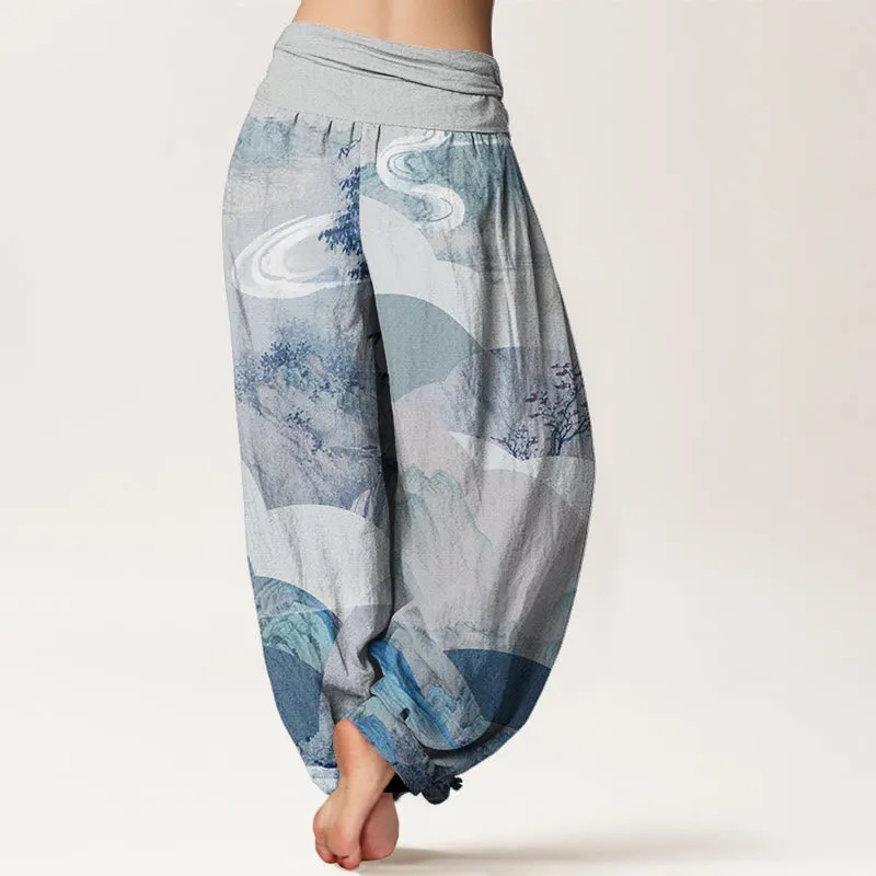 Buddha Stones Chinese Landscape Mountains Rivers Mist Design Women's Elastic Waist Harem Pants
