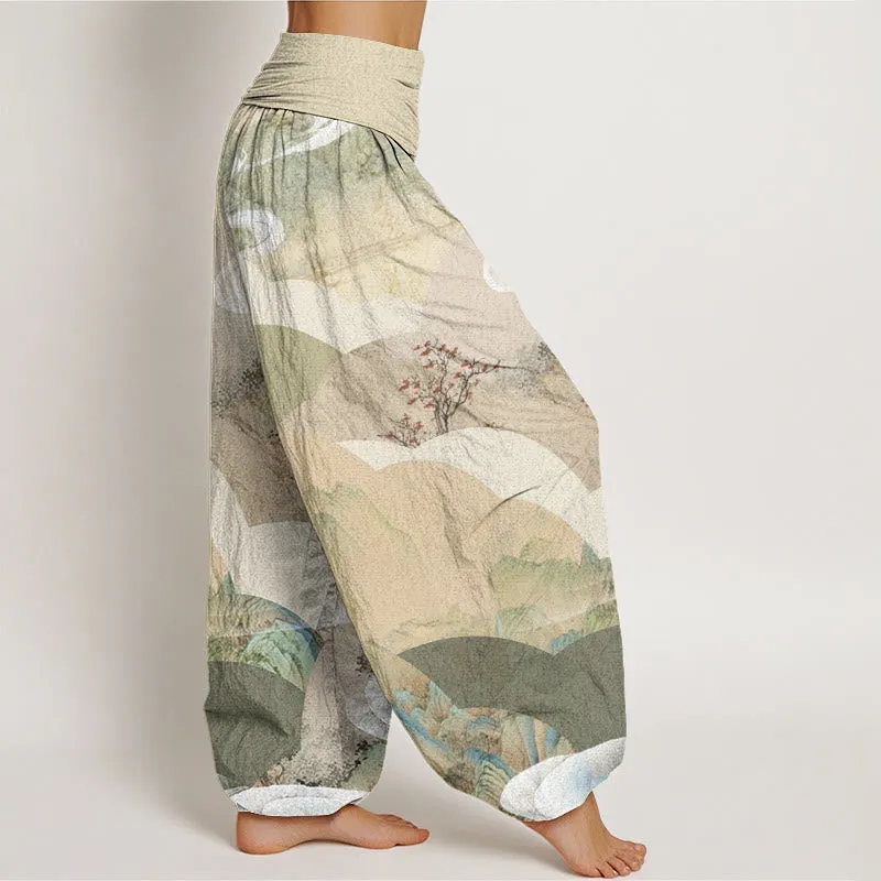 Buddha Stones Chinese Landscape Mountains Rivers Mist Design Women's Elastic Waist Harem Pants