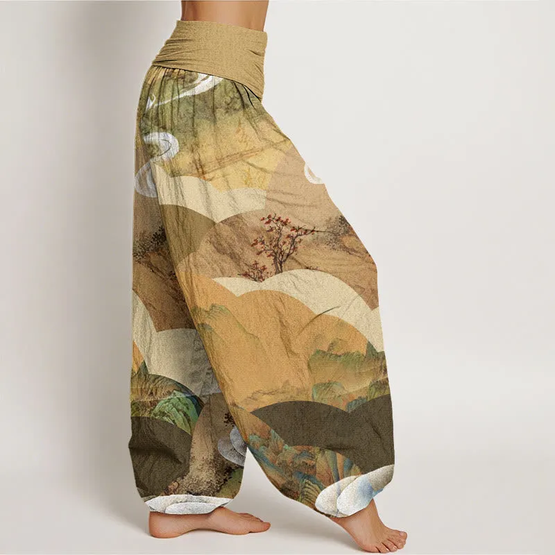 Buddha Stones Chinese Landscape Mountains Rivers Mist Design Women's Elastic Waist Harem Pants