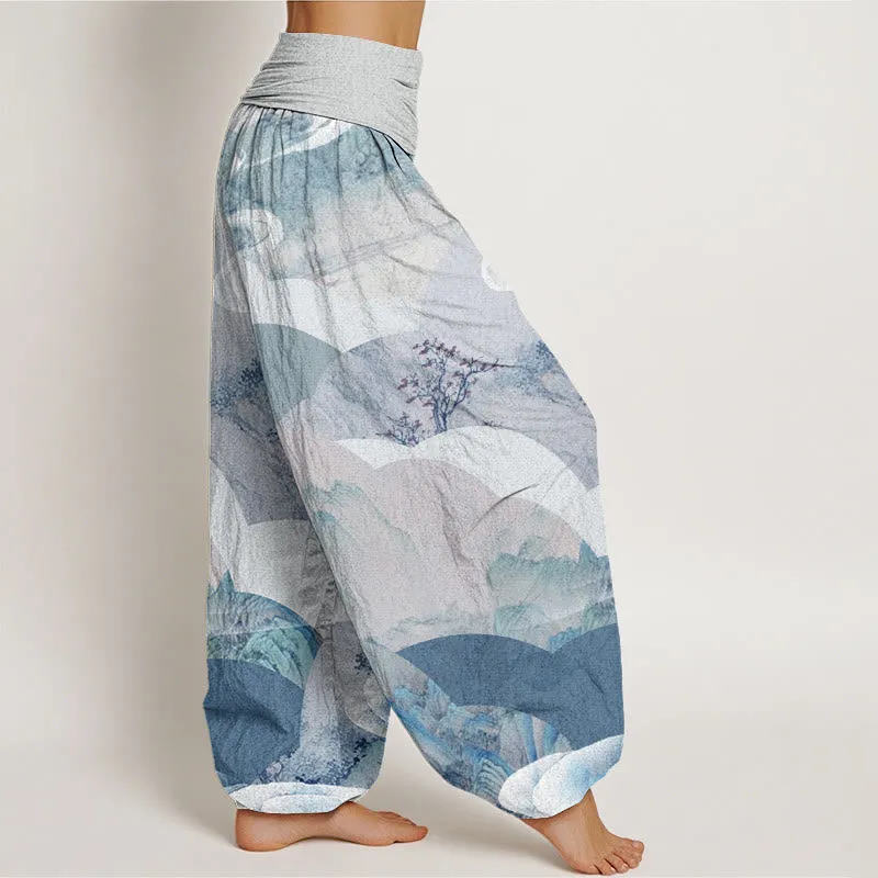 Buddha Stones Chinese Landscape Mountains Rivers Mist Design Women's Elastic Waist Harem Pants