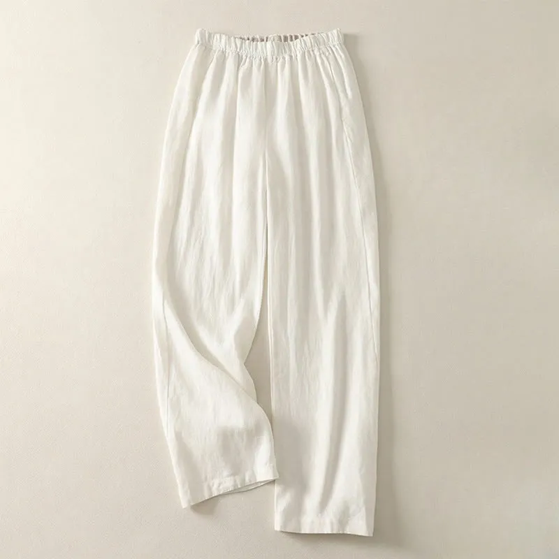 Buddha Stones Daily Plain Simple Design Cotton Linen Women's Pants With Pockets
