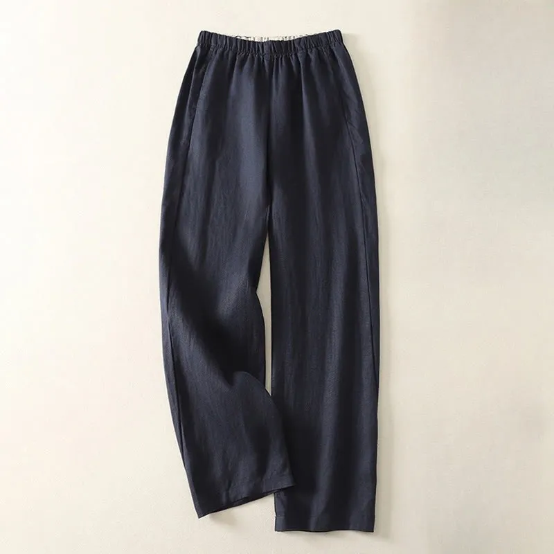 Buddha Stones Daily Plain Simple Design Cotton Linen Women's Pants With Pockets