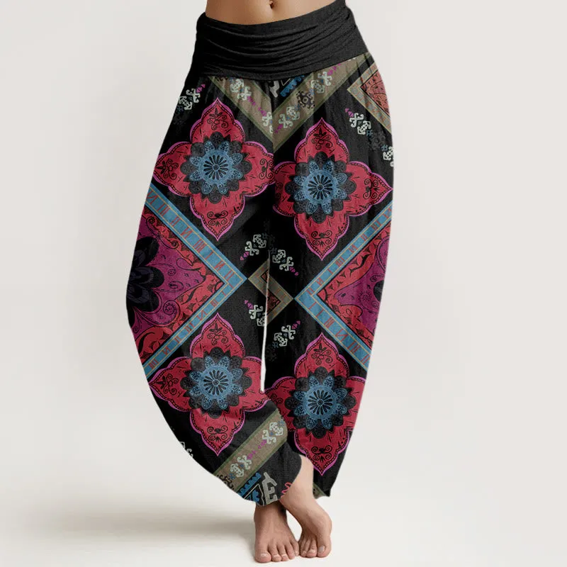 Buddha Stones Diamond-shaped Geometric Floral Design Women's Elastic Waist Harem Pants