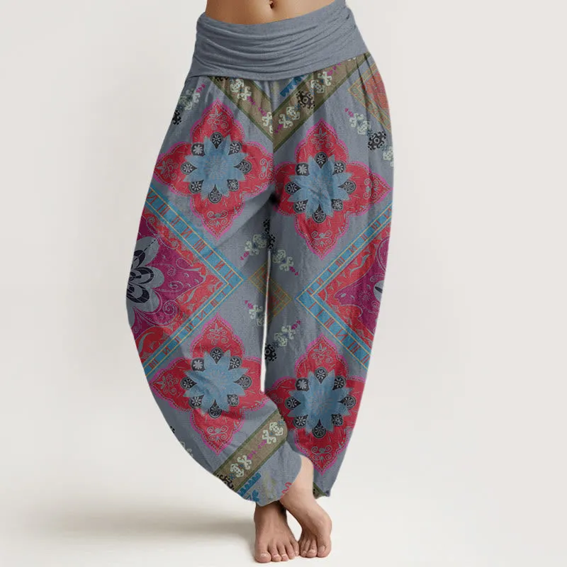 Buddha Stones Diamond-shaped Geometric Floral Design Women's Elastic Waist Harem Pants