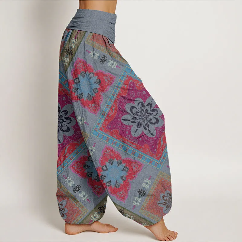 Buddha Stones Diamond-shaped Geometric Floral Design Women's Elastic Waist Harem Pants