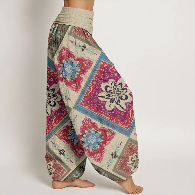 Buddha Stones Diamond-shaped Geometric Floral Design Women's Elastic Waist Harem Pants