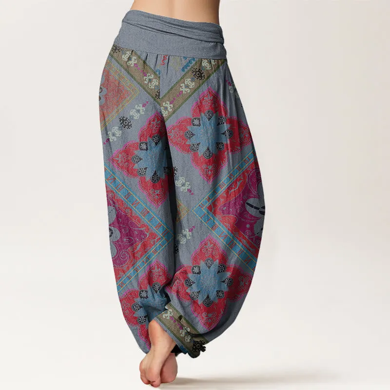 Buddha Stones Diamond-shaped Geometric Floral Design Women's Elastic Waist Harem Pants