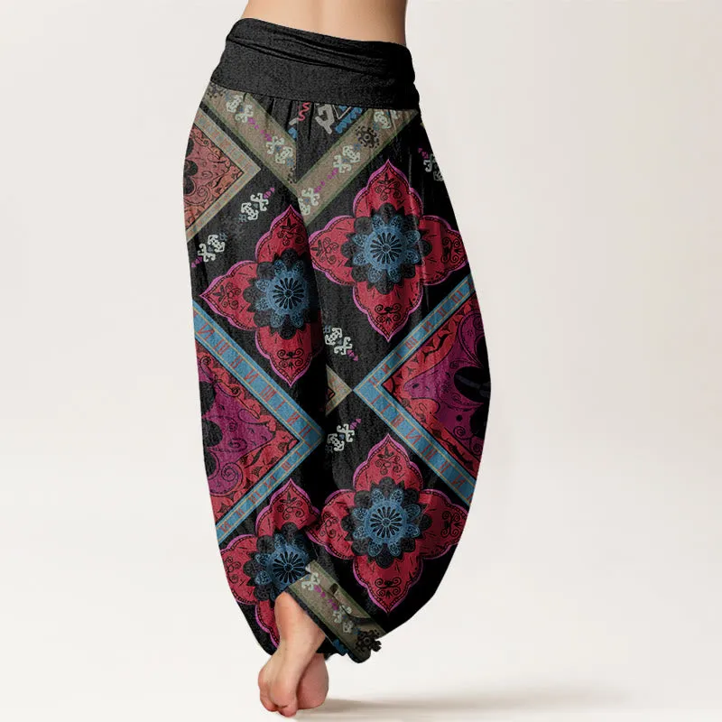 Buddha Stones Diamond-shaped Geometric Floral Design Women's Elastic Waist Harem Pants