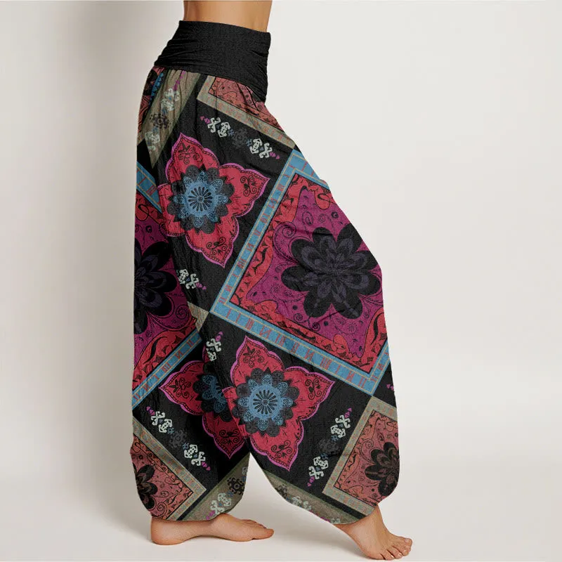 Buddha Stones Diamond-shaped Geometric Floral Design Women's Elastic Waist Harem Pants