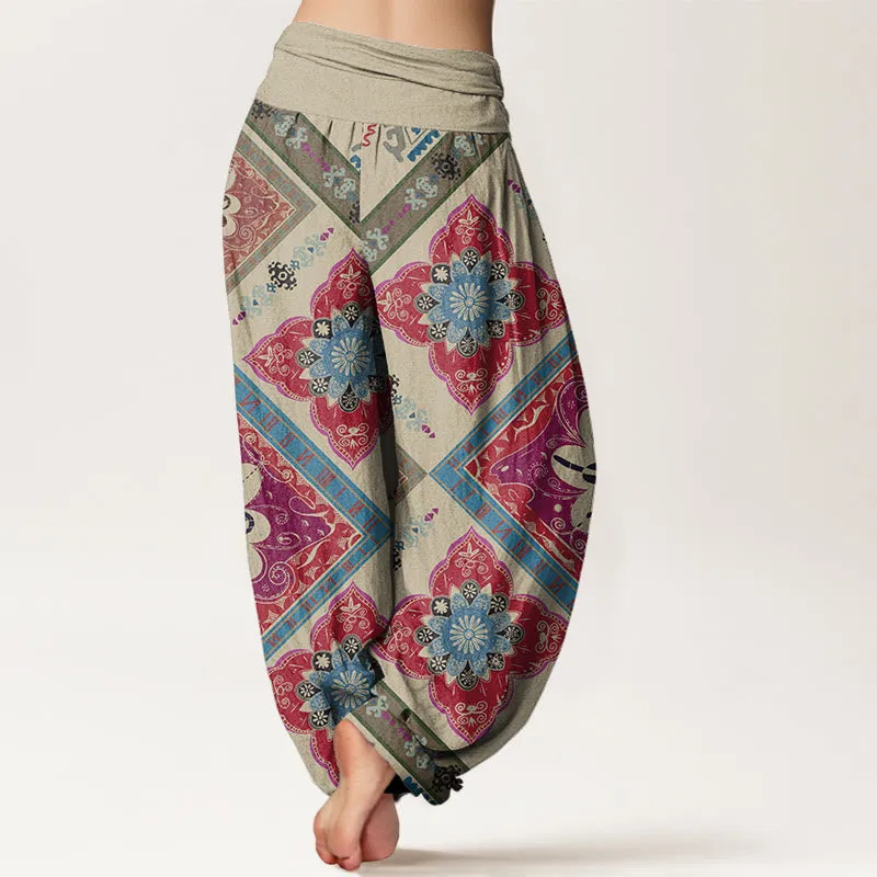 Buddha Stones Diamond-shaped Geometric Floral Design Women's Elastic Waist Harem Pants