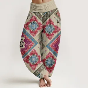 Buddha Stones Diamond-shaped Geometric Floral Design Women's Elastic Waist Harem Pants
