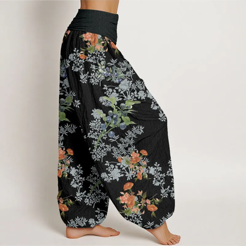 Buddha Stones Flower Blueberry Design Women's Elastic Waist Harem Pants