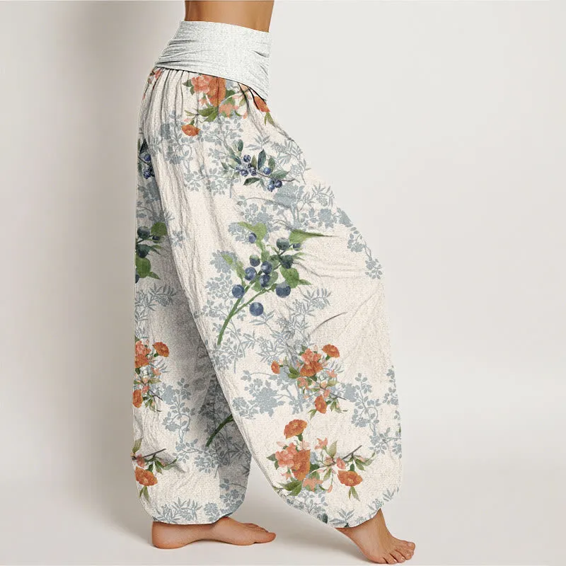 Buddha Stones Flower Blueberry Design Women's Elastic Waist Harem Pants
