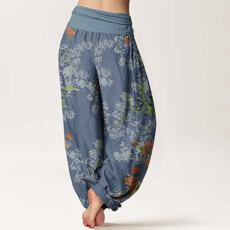 Buddha Stones Flower Blueberry Design Women's Elastic Waist Harem Pants