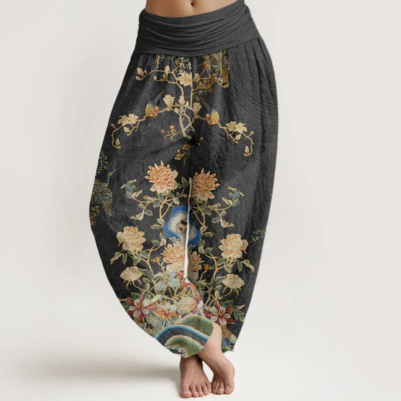 Buddha Stones Peacocks Yellow Flowers Design Women's Elastic Waist Harem Pants