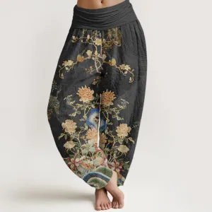 Buddha Stones Peacocks Yellow Flowers Design Women's Elastic Waist Harem Pants
