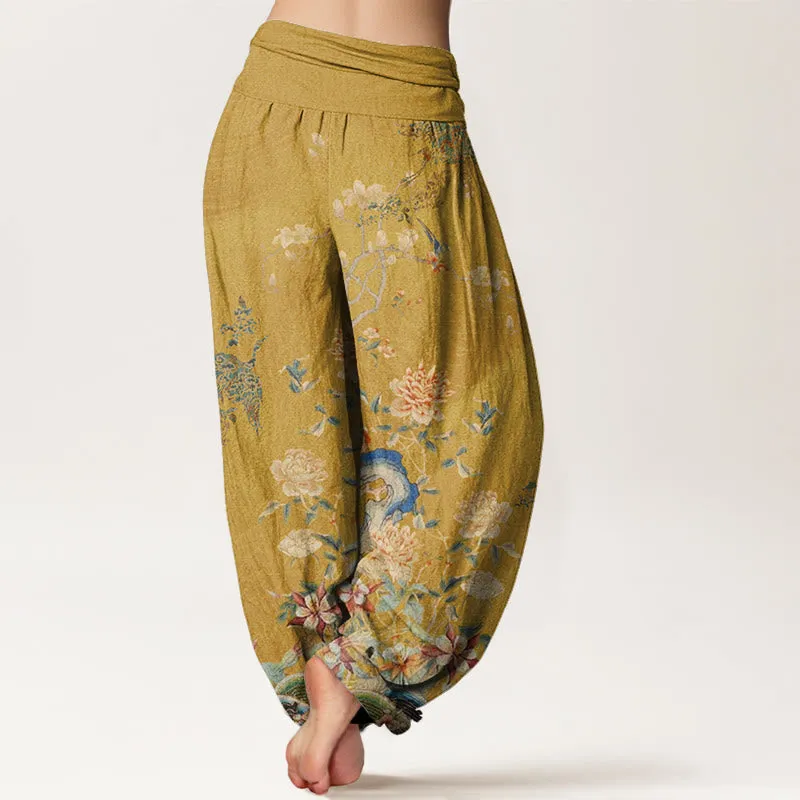Buddha Stones Peacocks Yellow Flowers Design Women's Elastic Waist Harem Pants