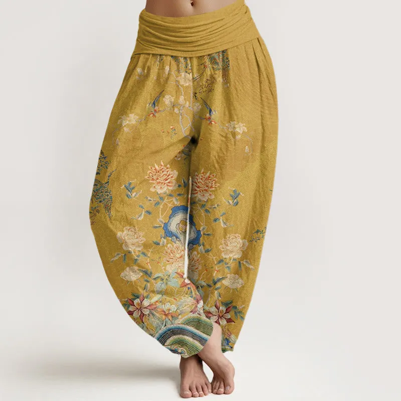 Buddha Stones Peacocks Yellow Flowers Design Women's Elastic Waist Harem Pants