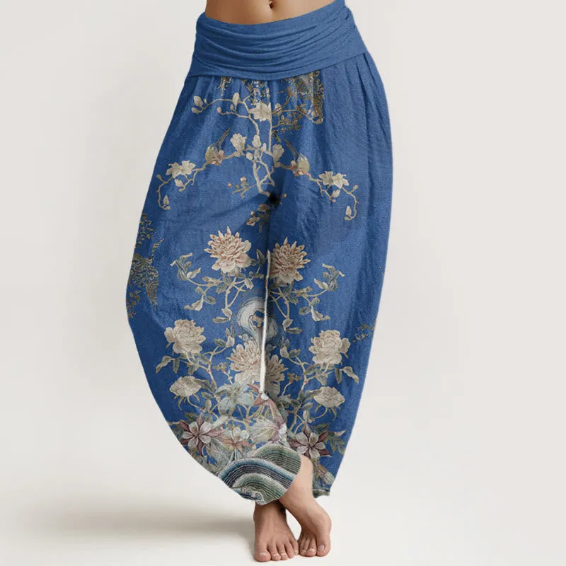 Buddha Stones Peacocks Yellow Flowers Design Women's Elastic Waist Harem Pants
