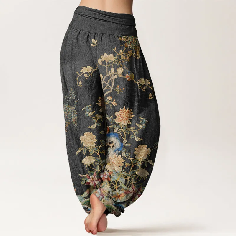 Buddha Stones Peacocks Yellow Flowers Design Women's Elastic Waist Harem Pants