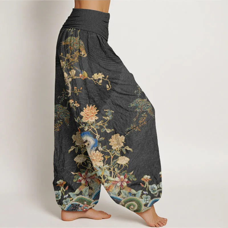 Buddha Stones Peacocks Yellow Flowers Design Women's Elastic Waist Harem Pants