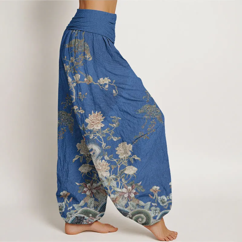 Buddha Stones Peacocks Yellow Flowers Design Women's Elastic Waist Harem Pants