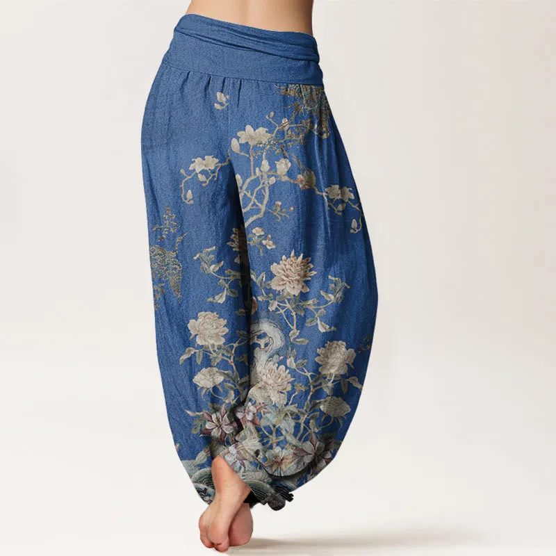 Buddha Stones Peacocks Yellow Flowers Design Women's Elastic Waist Harem Pants