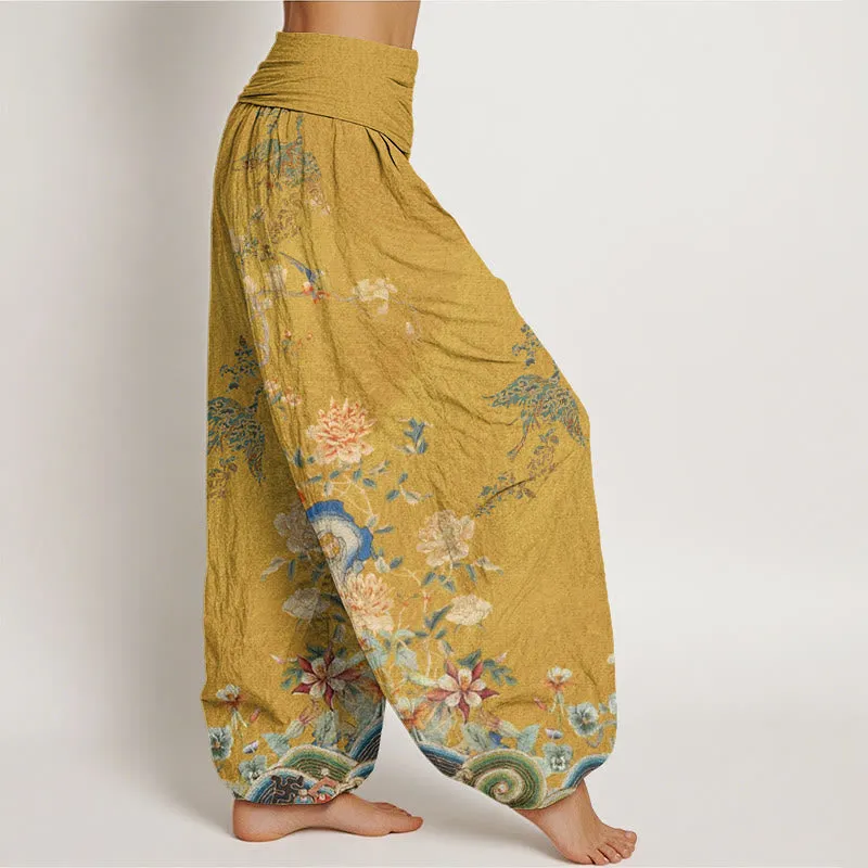 Buddha Stones Peacocks Yellow Flowers Design Women's Elastic Waist Harem Pants