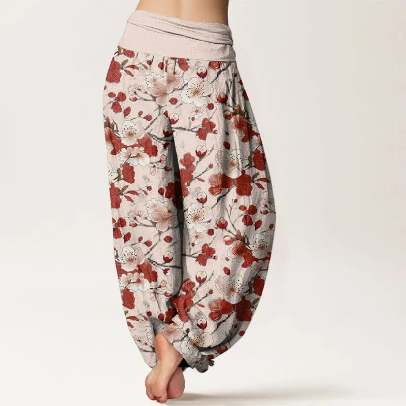 Buddha Stones Pink Red Peach Blossoms Design Women's Elastic Waist Harem Pants