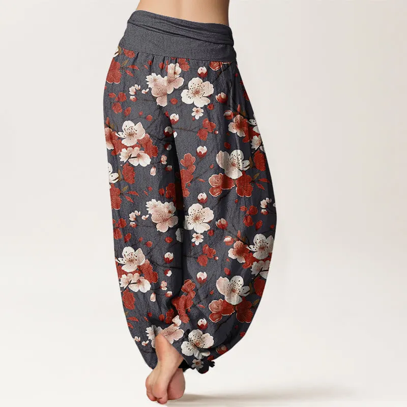 Buddha Stones Pink Red Peach Blossoms Design Women's Elastic Waist Harem Pants