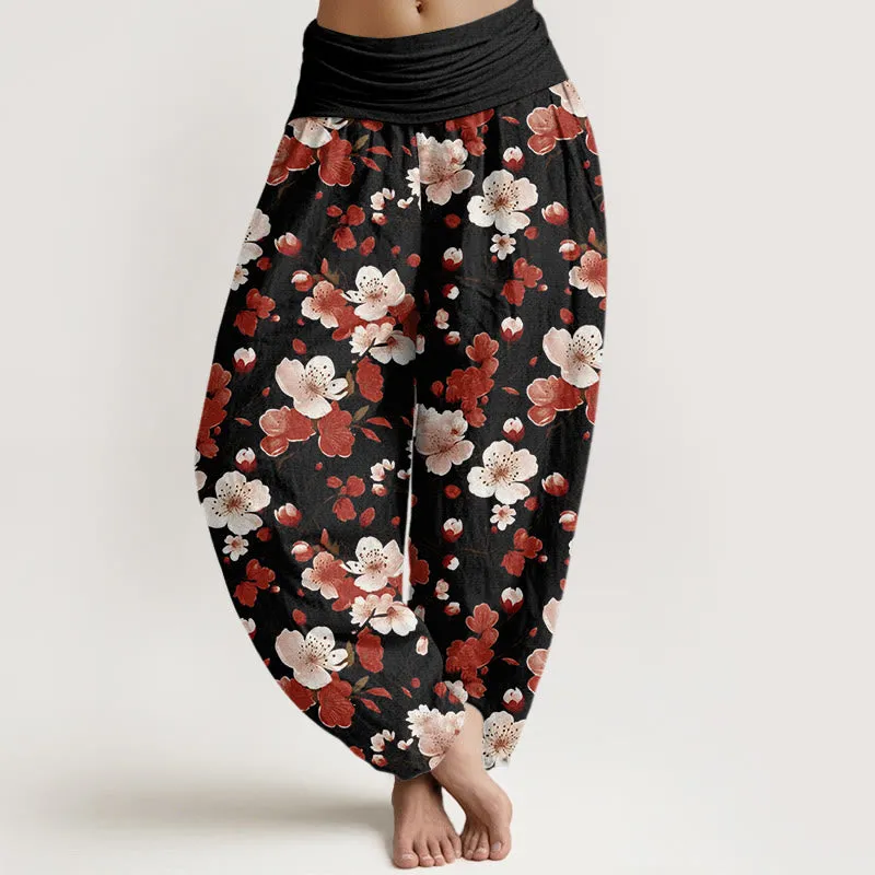 Buddha Stones Pink Red Peach Blossoms Design Women's Elastic Waist Harem Pants