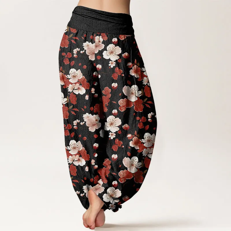 Buddha Stones Pink Red Peach Blossoms Design Women's Elastic Waist Harem Pants