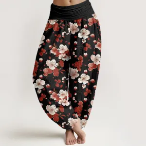 Buddha Stones Pink Red Peach Blossoms Design Women's Elastic Waist Harem Pants