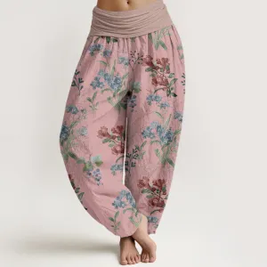 Buddha Stones Red Blue Flowers Green Leaves Design Women's Elastic Waist Harem Pants