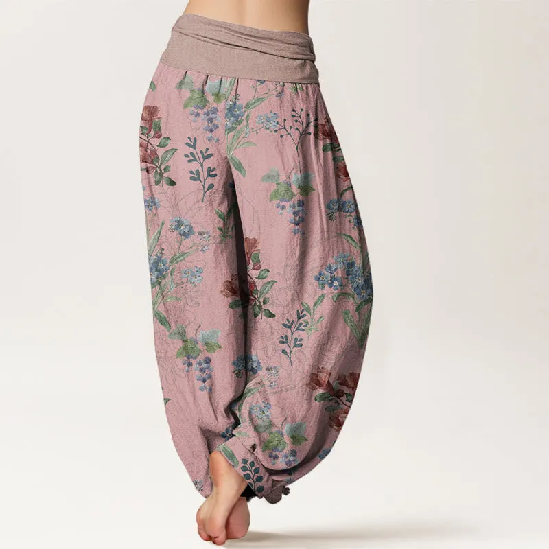 Buddha Stones Red Blue Flowers Green Leaves Design Women's Elastic Waist Harem Pants