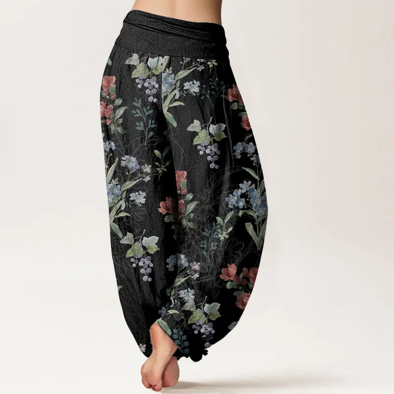 Buddha Stones Red Blue Flowers Green Leaves Design Women's Elastic Waist Harem Pants