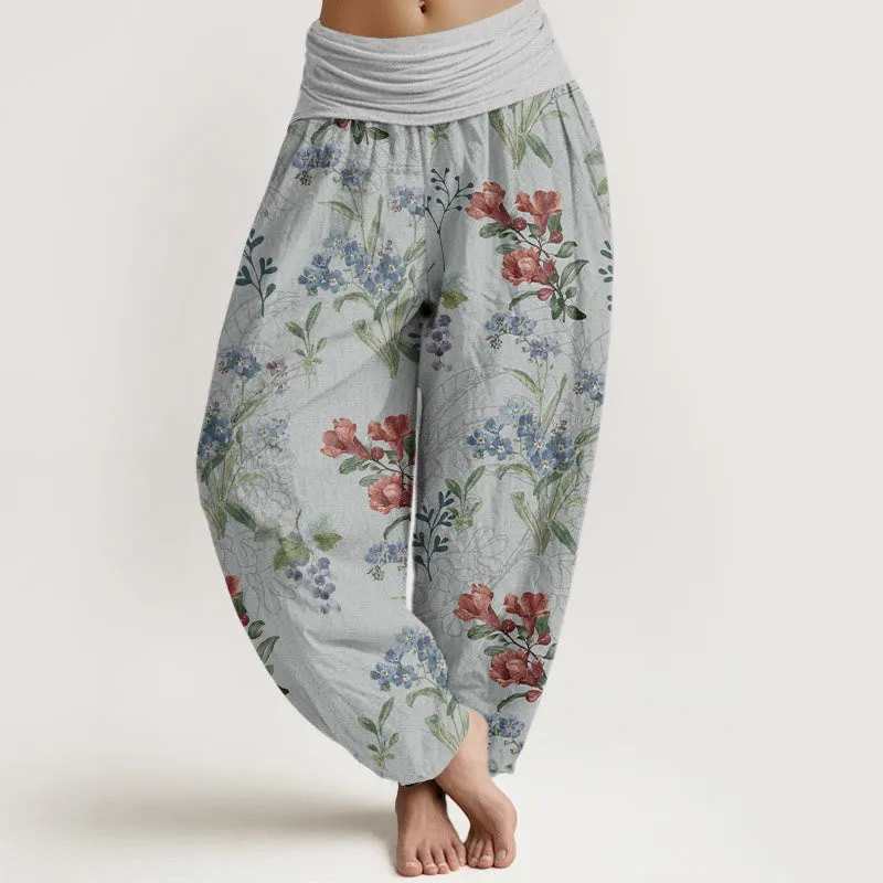 Buddha Stones Red Blue Flowers Green Leaves Design Women's Elastic Waist Harem Pants
