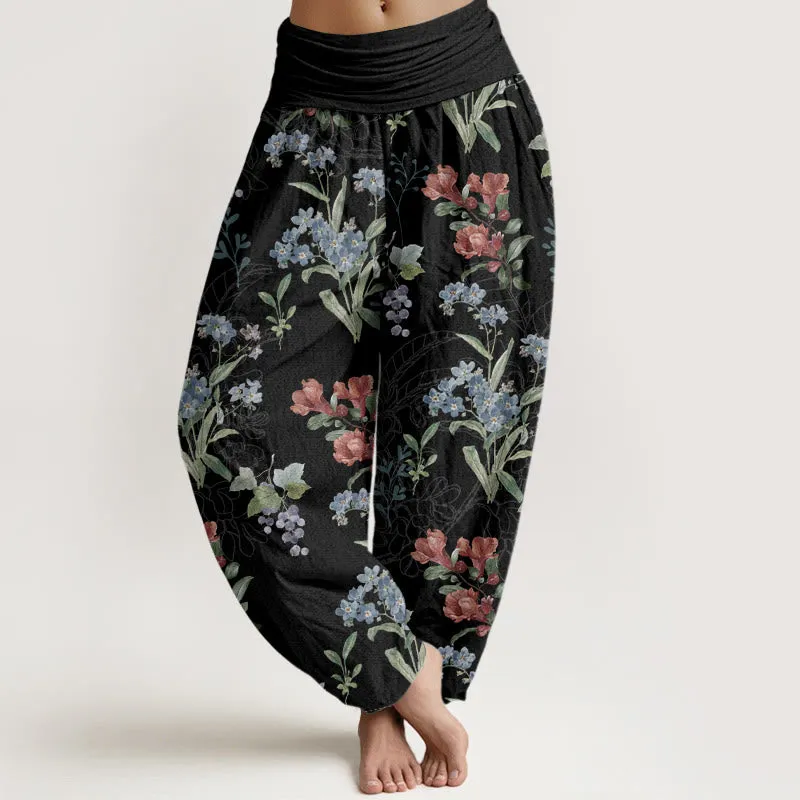 Buddha Stones Red Blue Flowers Green Leaves Design Women's Elastic Waist Harem Pants