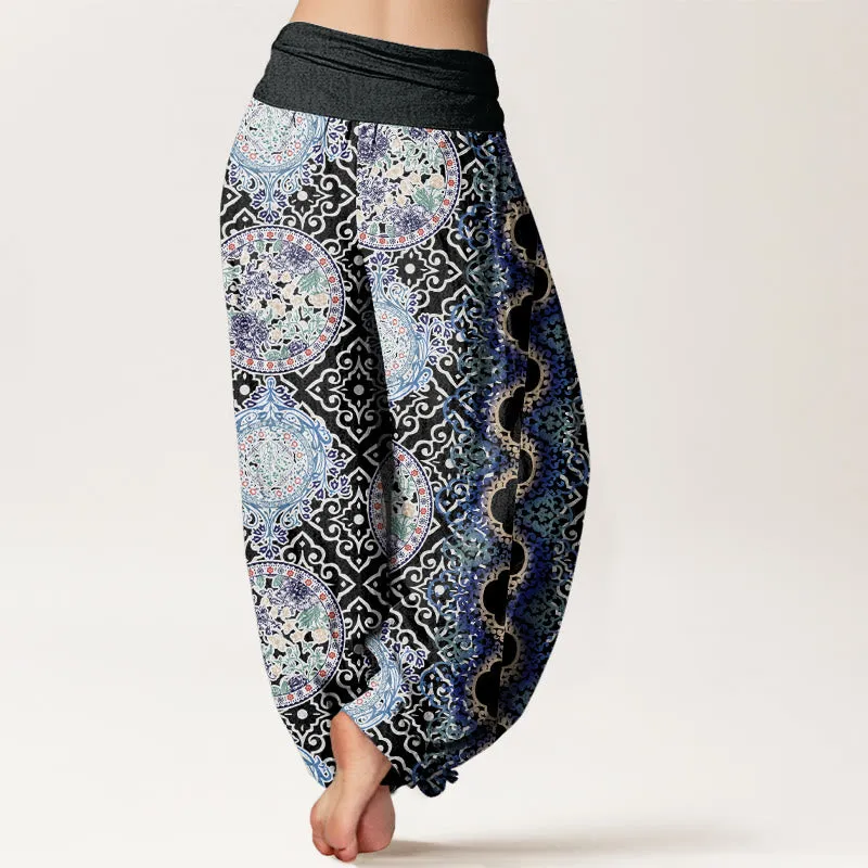 Buddha Stones Round Diamond Shape Chinese Floral Design Women's Elastic Waist Harem Pants