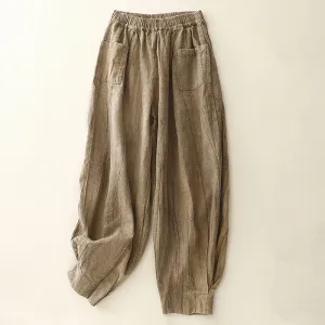 Buddha Stones Solid Color Carrot Type Wrinkled Design Elastic Waistband Cotton Linen Women's Pants With Pockets