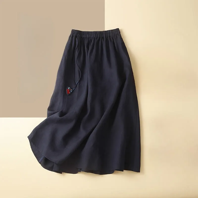 Buddha Stones Solid Embroidery Flower Pendant Elastic Waist Ramie Linen Women's Skirt With Pockets