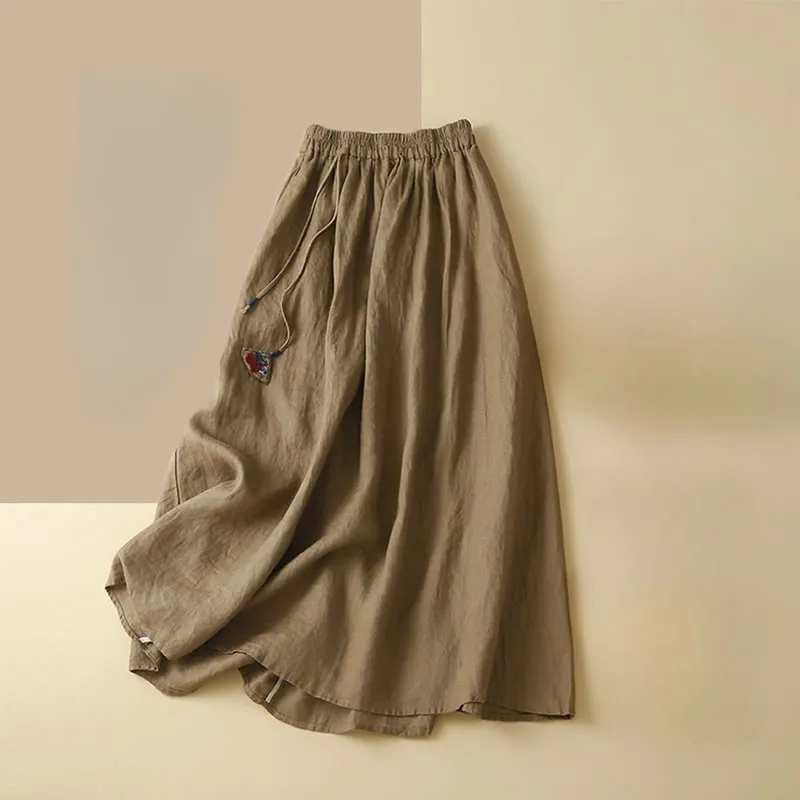 Buddha Stones Solid Embroidery Flower Pendant Elastic Waist Ramie Linen Women's Skirt With Pockets