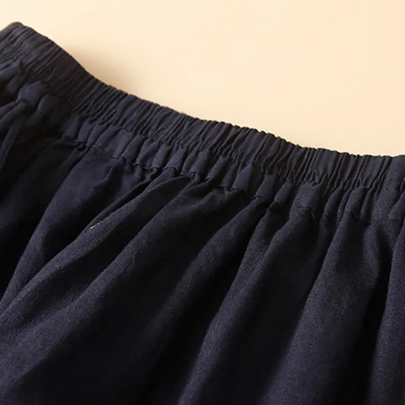 Buddha Stones Solid Embroidery Flower Pendant Elastic Waist Ramie Linen Women's Skirt With Pockets