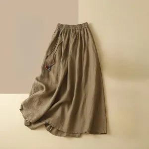Buddha Stones Solid Embroidery Flower Pendant Elastic Waist Ramie Linen Women's Skirt With Pockets