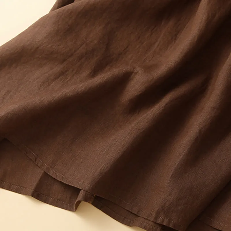 Buddha Stones Solid Embroidery Flower Pendant Elastic Waist Ramie Linen Women's Skirt With Pockets