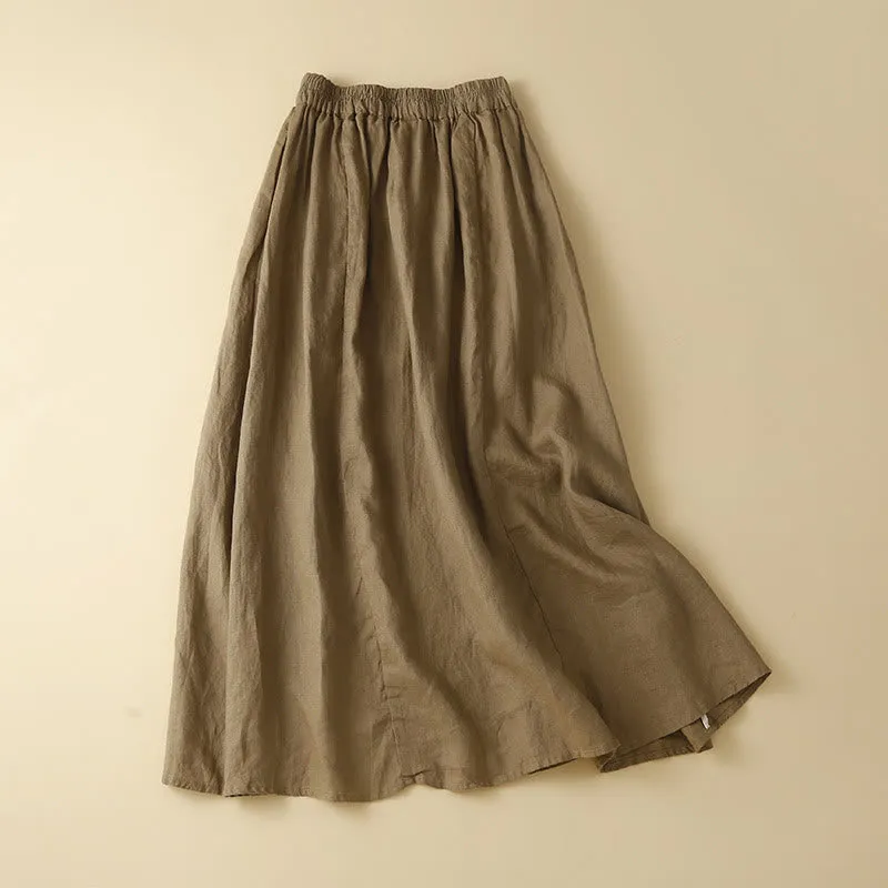 Buddha Stones Solid Embroidery Flower Pendant Elastic Waist Ramie Linen Women's Skirt With Pockets