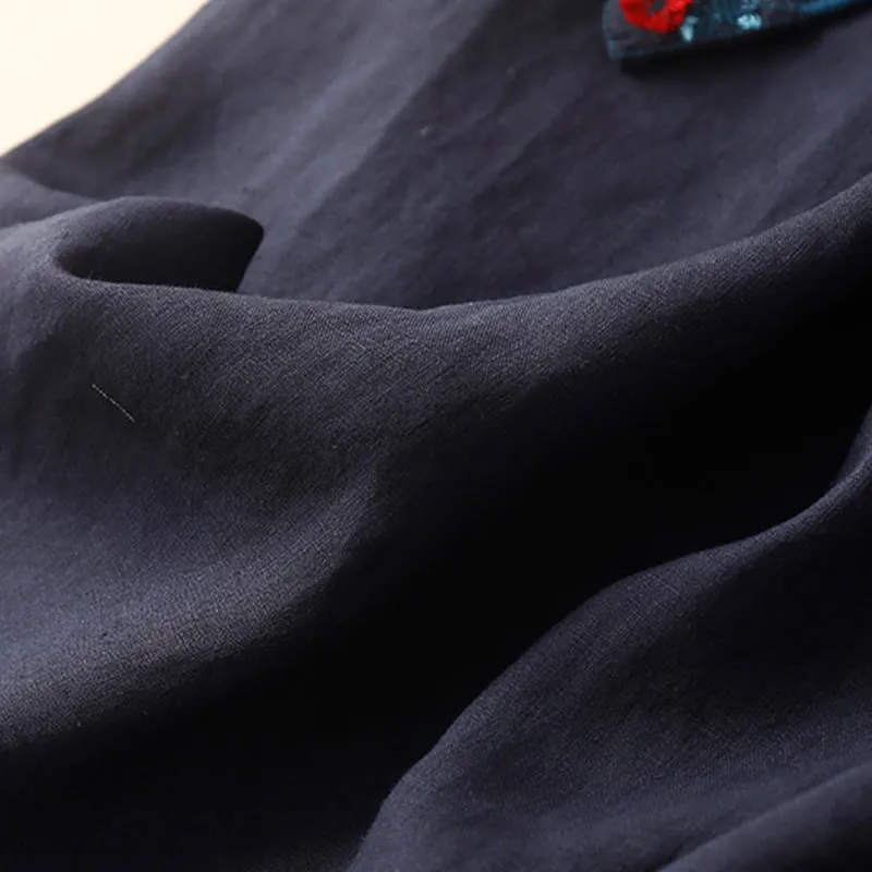 Buddha Stones Solid Embroidery Flower Pendant Elastic Waist Ramie Linen Women's Skirt With Pockets