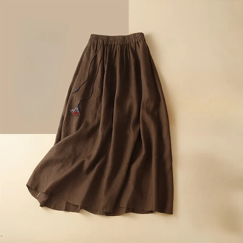 Buddha Stones Solid Embroidery Flower Pendant Elastic Waist Ramie Linen Women's Skirt With Pockets