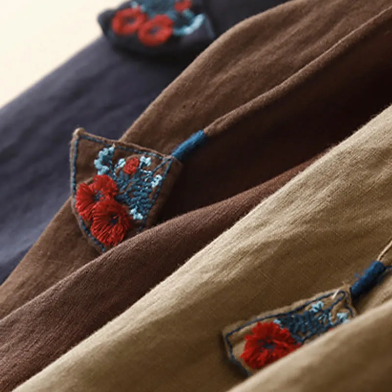 Buddha Stones Solid Embroidery Flower Pendant Elastic Waist Ramie Linen Women's Skirt With Pockets